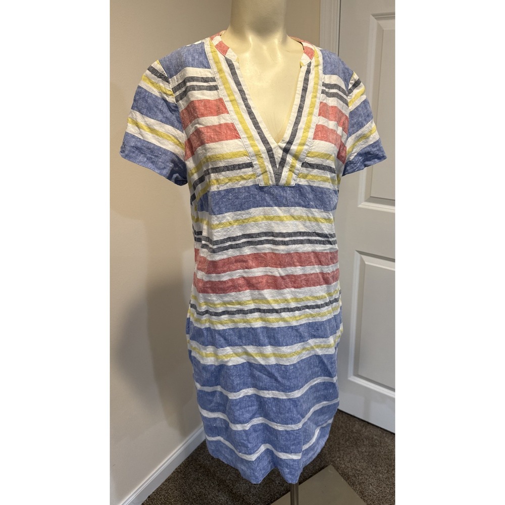 Boden 100% Linen Striped V Neck Shift Dress Pockets Natural Coastal Core Sz 10